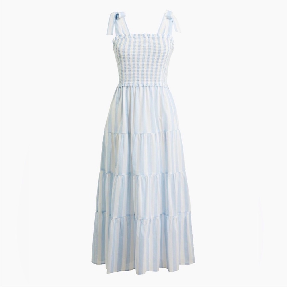 NWT J Crew Smocked Tie Shoulder Blue and White Striped Dress New J. Crew Midi